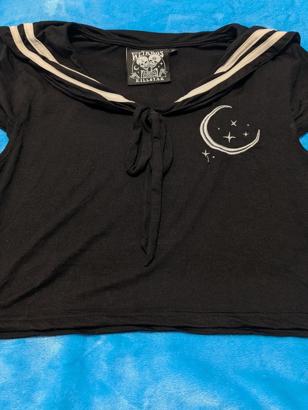 Black Sailor Tie-Front Crop Top with White Moon Embroidery